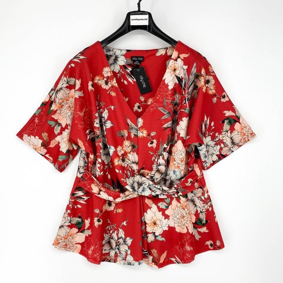 City Chic Twist Front Floral Printed Top Blouse - Picture 2 of 7
